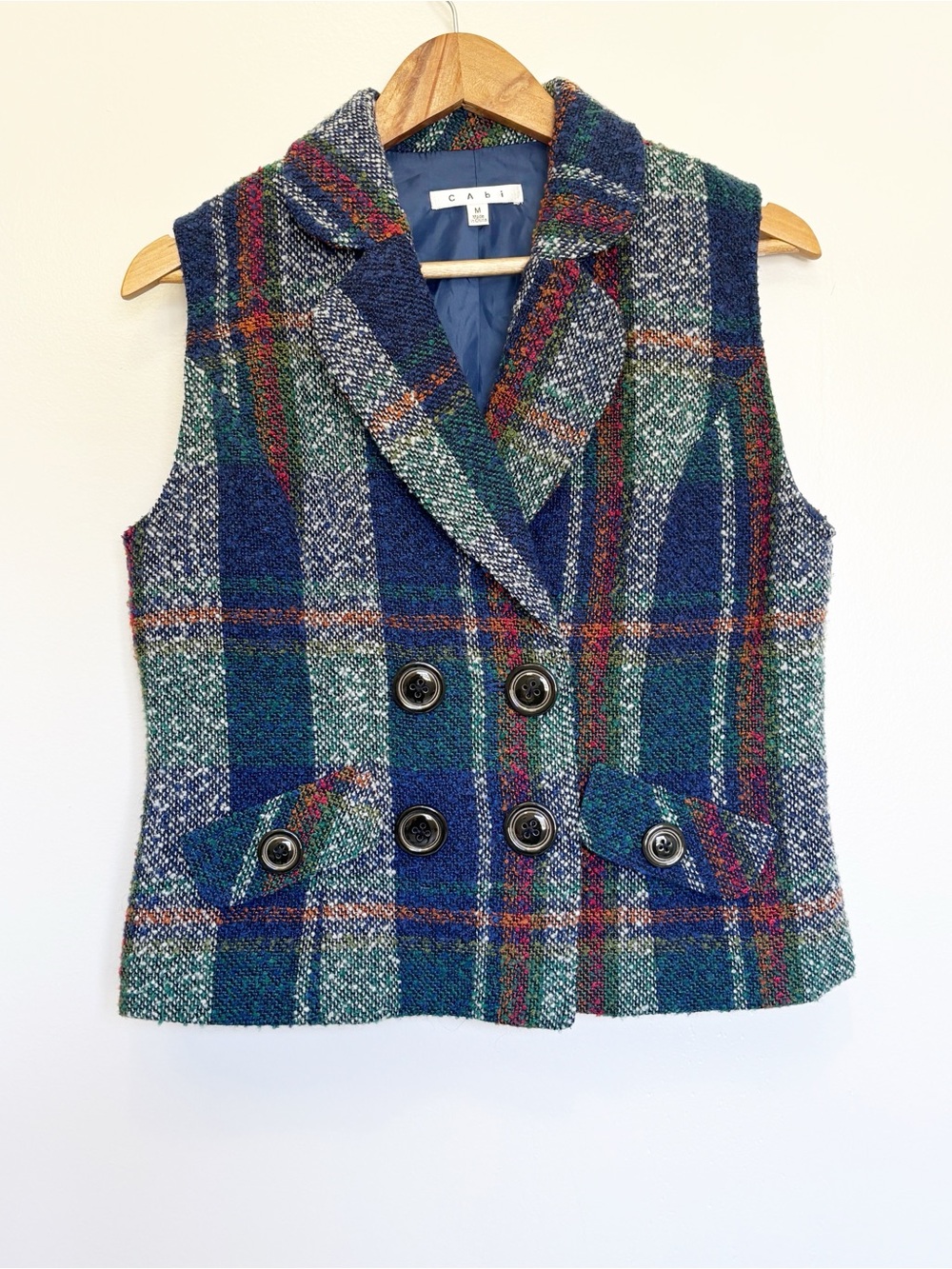 CAbi Women's Double-Breasted Plaid Wool Vest - Blue/Green Size Medium